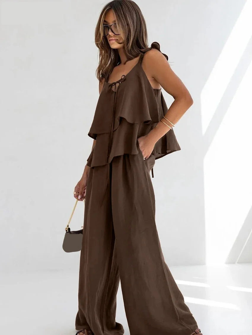 Matching Outfit Set - Loose White Cotton Women's Two Pieces Set 2025 Fashion Sleeveless Tank Top With High Waist Wide Pants Set Female