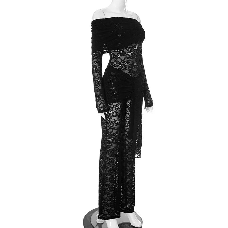 Jumpsuits - Mozision Lace See Through Long Sleeve Sexy Jumpsuit Women Fashion Lace Off-shoulder Bodycon High Waist Club Party Jumpsuits