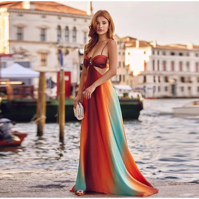 Elegant Dresses - Tie-dye Gradient Hollow Out Women's Maxi Dress Elegant Off Shoulder A-line Hem Long Dresses New Summer 2025 Holiday Female Robes