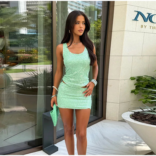 Skirt Set - Sexy Sequined A-line Skirts Sets Women Square Collar Sleeveless Sling Top Mini Skirt 2025 Spring Summer Lady High Street Outfits