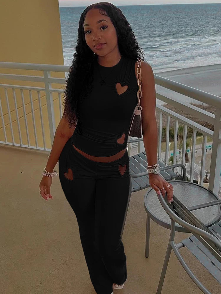 Matching Sets - Spring Release Junior Ankle-Length High Street Pants Suit K25S63797 Girl Solid Slim Love Hollow Pattern Pants Suit