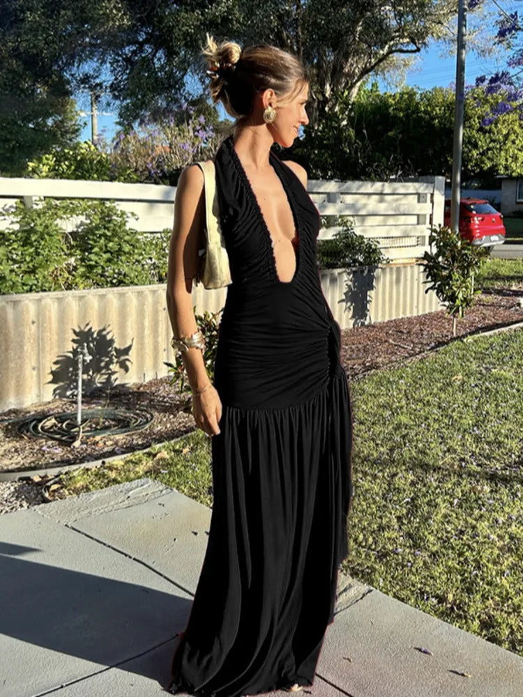 Plunging Dresses - Halter Deep V Neck Sexy Maxi Dress For Women Gown Fashion Solid Sleeveless Backless Draped Ruched Bodycon Long Dress