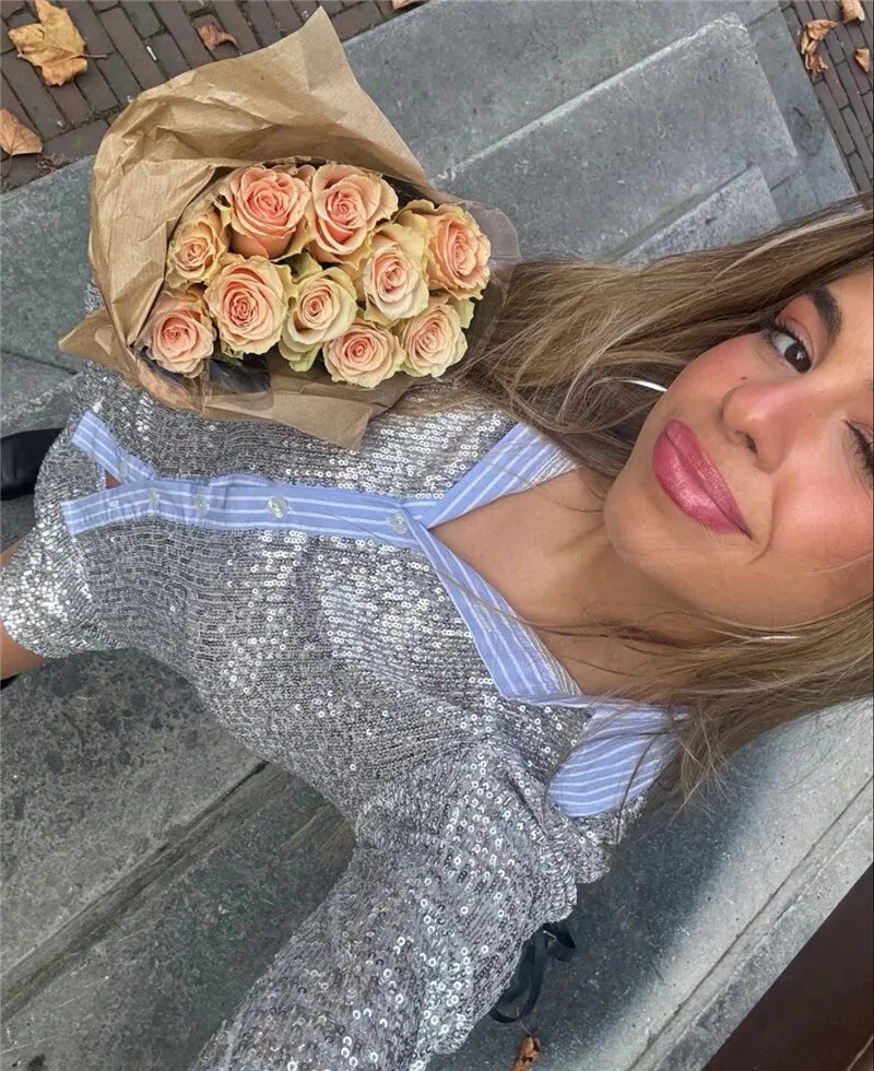 Shorts Sets - Silver Glitter Shorts Sets Women Contrast Color Single-breasted Shirt And Shorts Sparkle Two Piece Set Shorts Sets