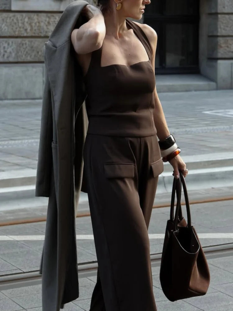 Pants Sets - Solid Square Collar Halter Vest Pants Sets Women Slim Backless Sleeveless Tops High Waist Wide Leg Pant 2025 Lady Office Outfit