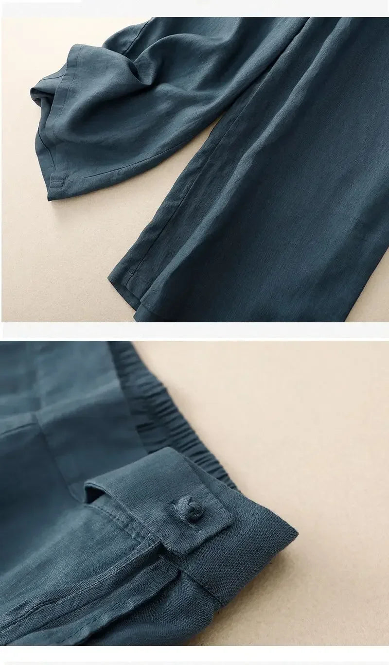 Pants - Summer Wide Leg Pants Women Elastic High Waist Cotton and Linen Casual Pants Loose Straight Yellow Women's Pants