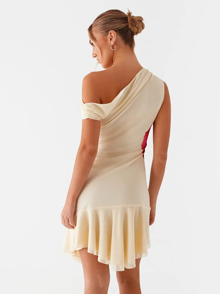 Off Shoulder Dresses - Skew Collar Ruffled Print Sexy Mini Dress For Women Off-shoulder Sleeveless Backless High Waist Printed Dress Vestido