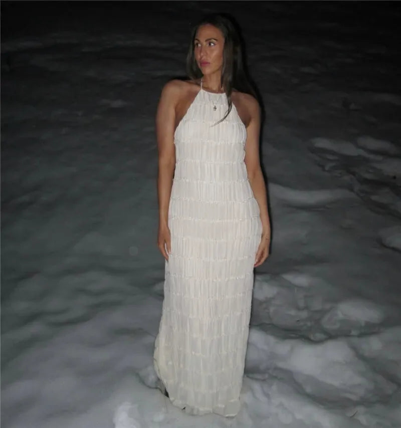 Party Dresses - Mozision Halter Backless Sexy Maxi Dress For Women Spring Summer New Lace-up Sleeveless Pleated Beach Holiday Long Dress Elegant