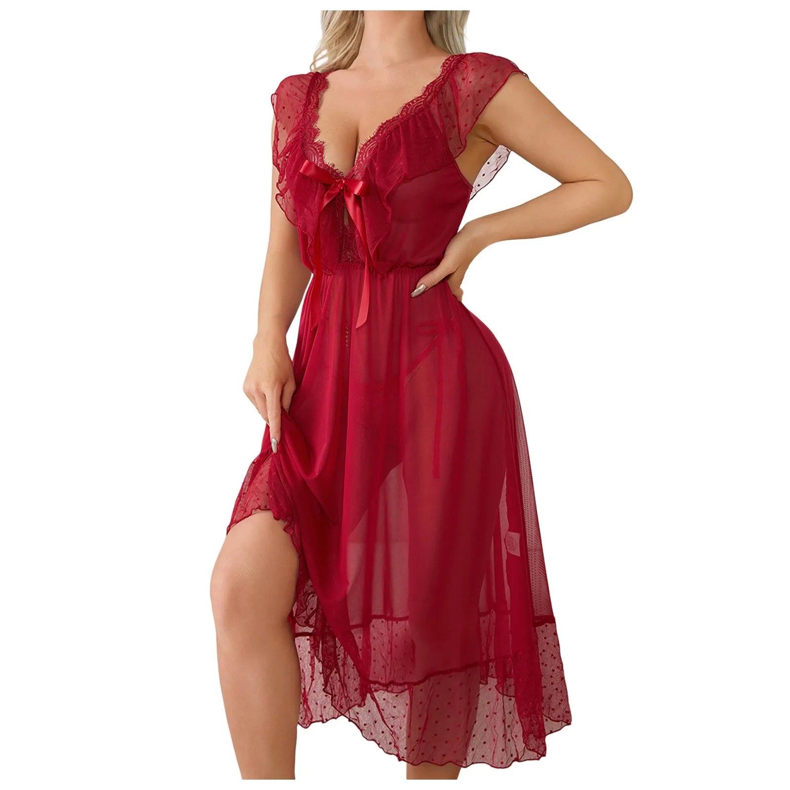 - Fashion Sexy Lace Underwear Pure Desire Wind Nightdress Chiffon Mesh Floral Edge Nightdress Women Pajama ночнушка женская