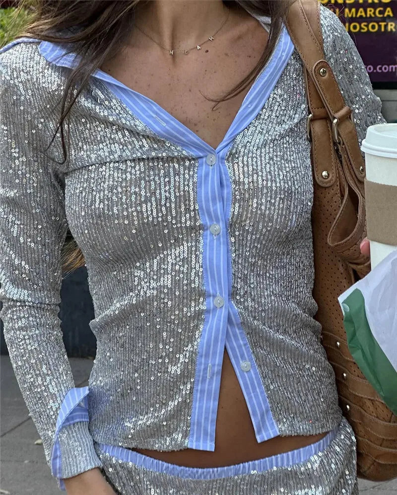 Shorts Sets - Silver Glitter Shorts Sets Women Contrast Color Single-breasted Shirt And Shorts Sparkle Two Piece Set Shorts Sets