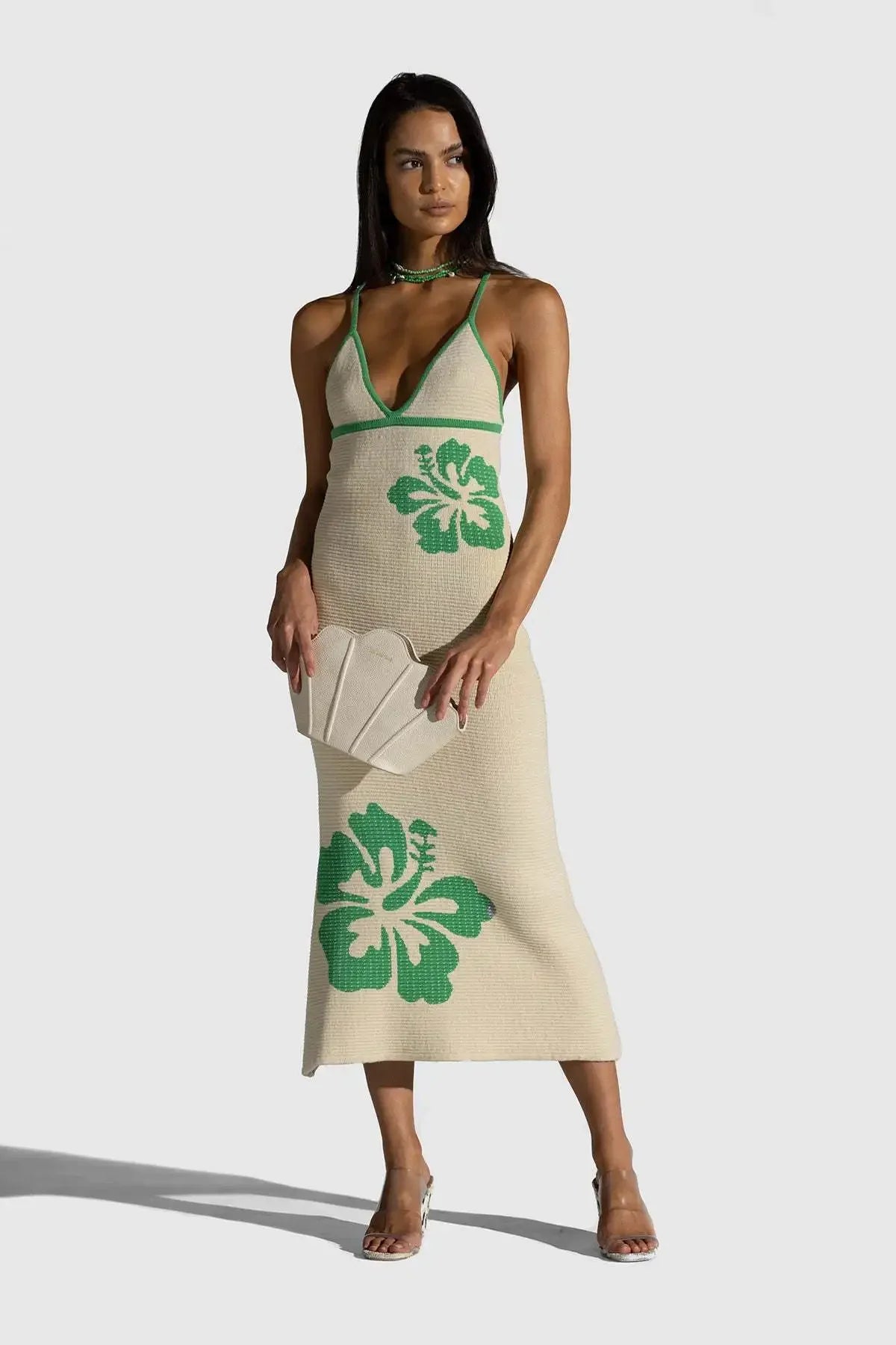 Vacation Dresses - 2024 Summer New Knitted Halterneck with Suspenders V-neck Sexy Backless Fashion Flower Print Slim Dress