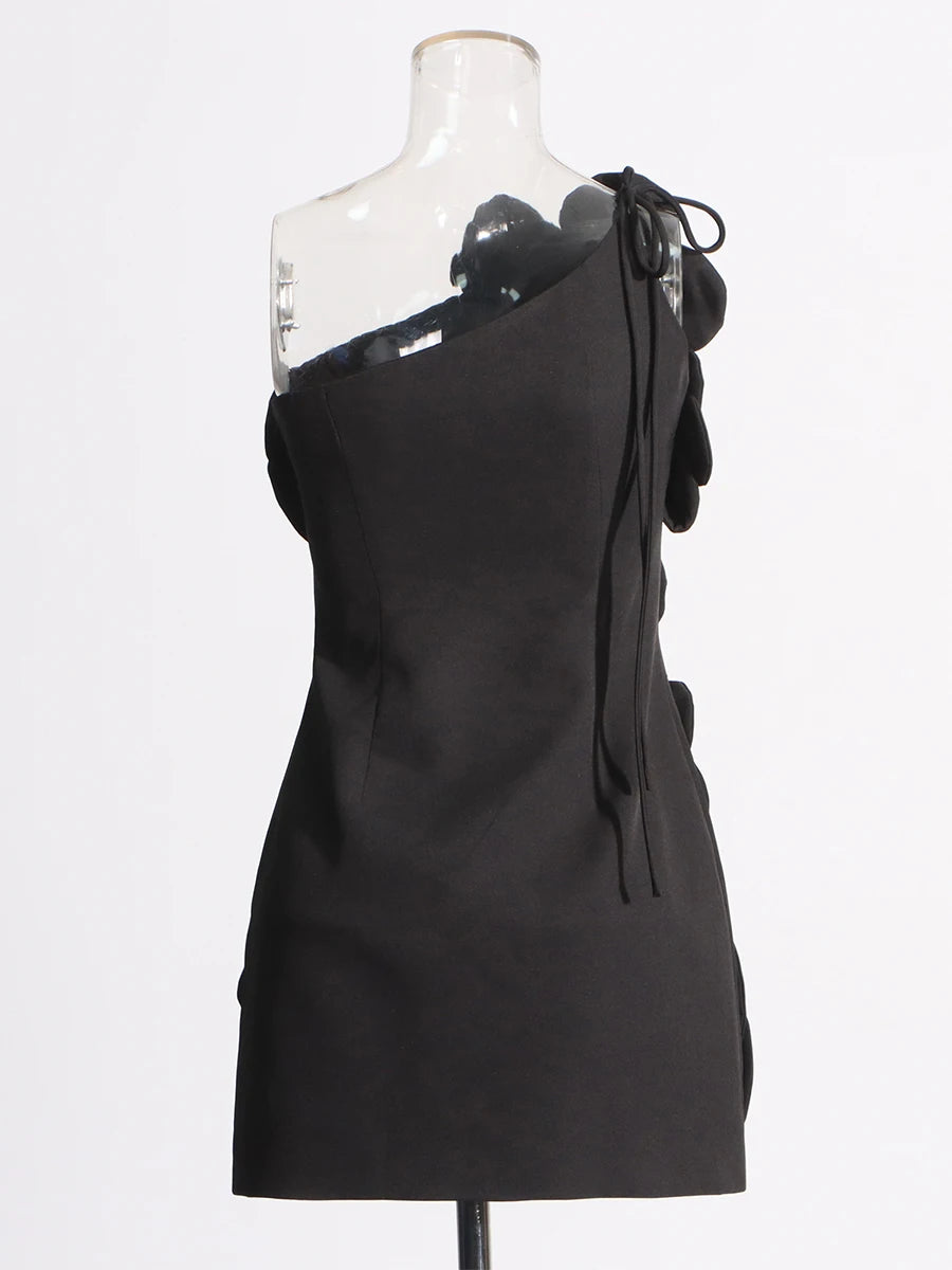 Party Dresses - Patchwork Appliques Mini Dresses For Women Diagonal Collar Sleevelss Spliced Lace Up High Waist Dresses Female New