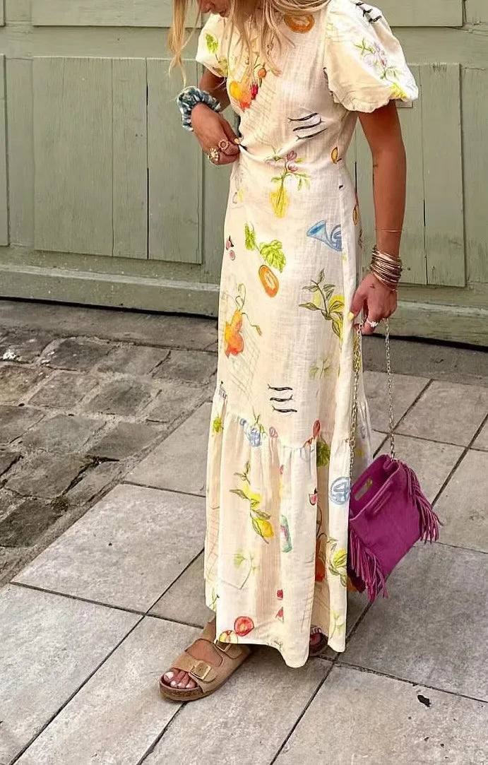 Casual Dresses - Women's European And American Style Fashion Slim Skirt Simple Printed Backless Short-Sleeved Dress