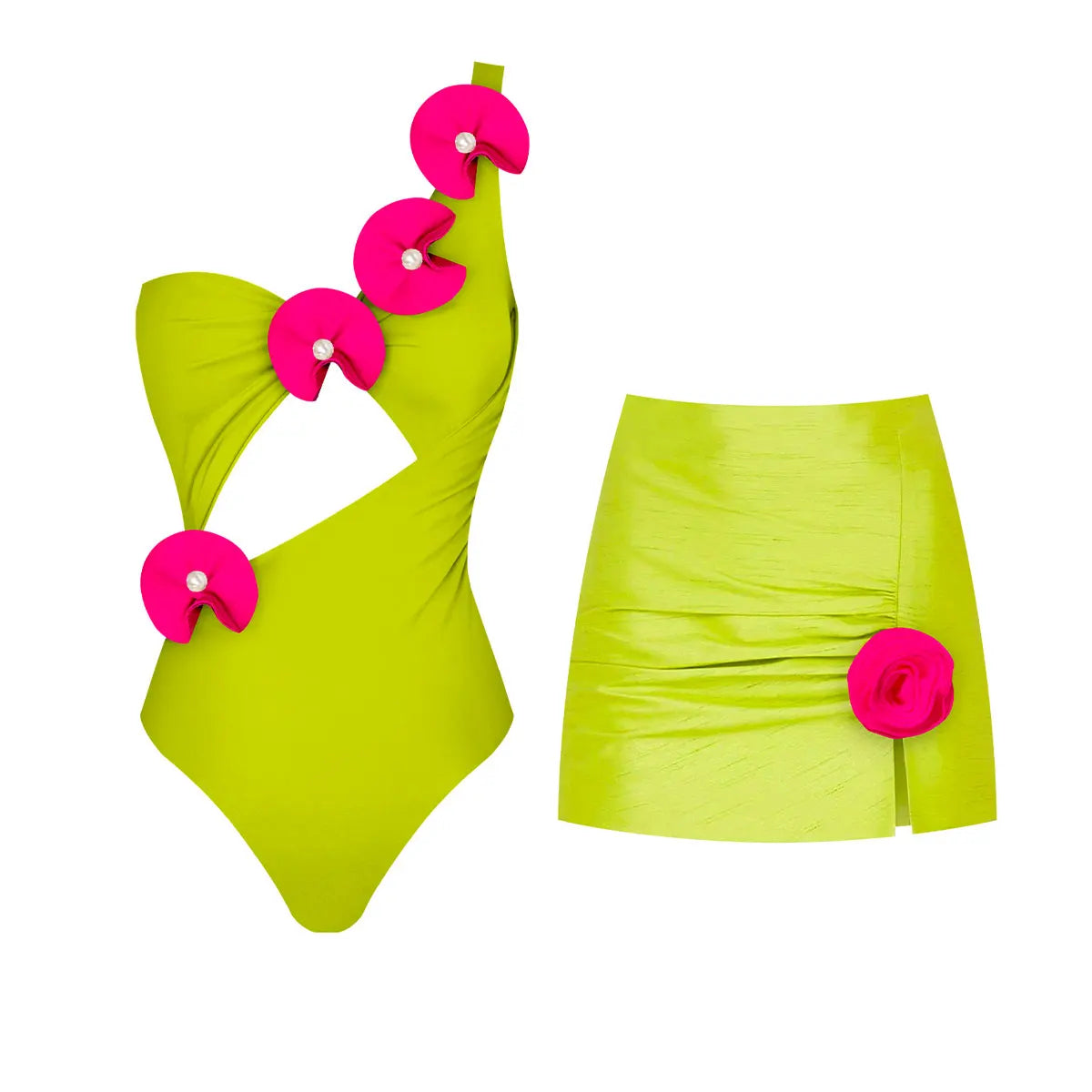 Swimwear - New 2Pcs Flower Swimsuit With Cover Up Women Sexy Swimwear One Shoulder Bikini Female Biquini Push Up Bodysuit Beachwear