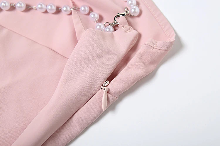 MinI Dresses - Pearl Chains Women Dress Backless Slanted Shoulders Temperament Summer Trend Solid Banquet Elegant Party Mini Bodycon