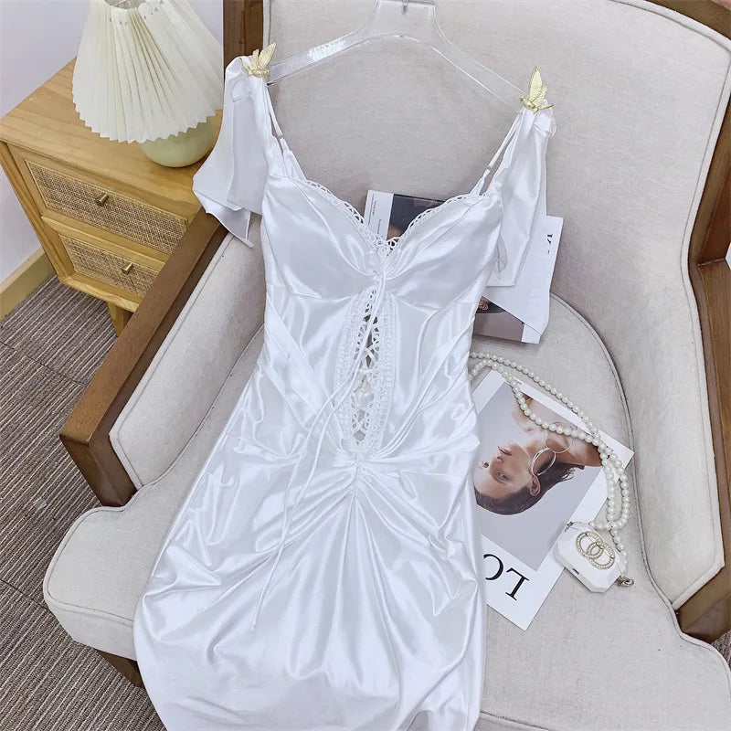 Elegant Dresses - Solid Color White Lace Up Backless Women's Dresses Retro Roman Mythology Knitted Pearl Elastic Fishbone Dress 2025