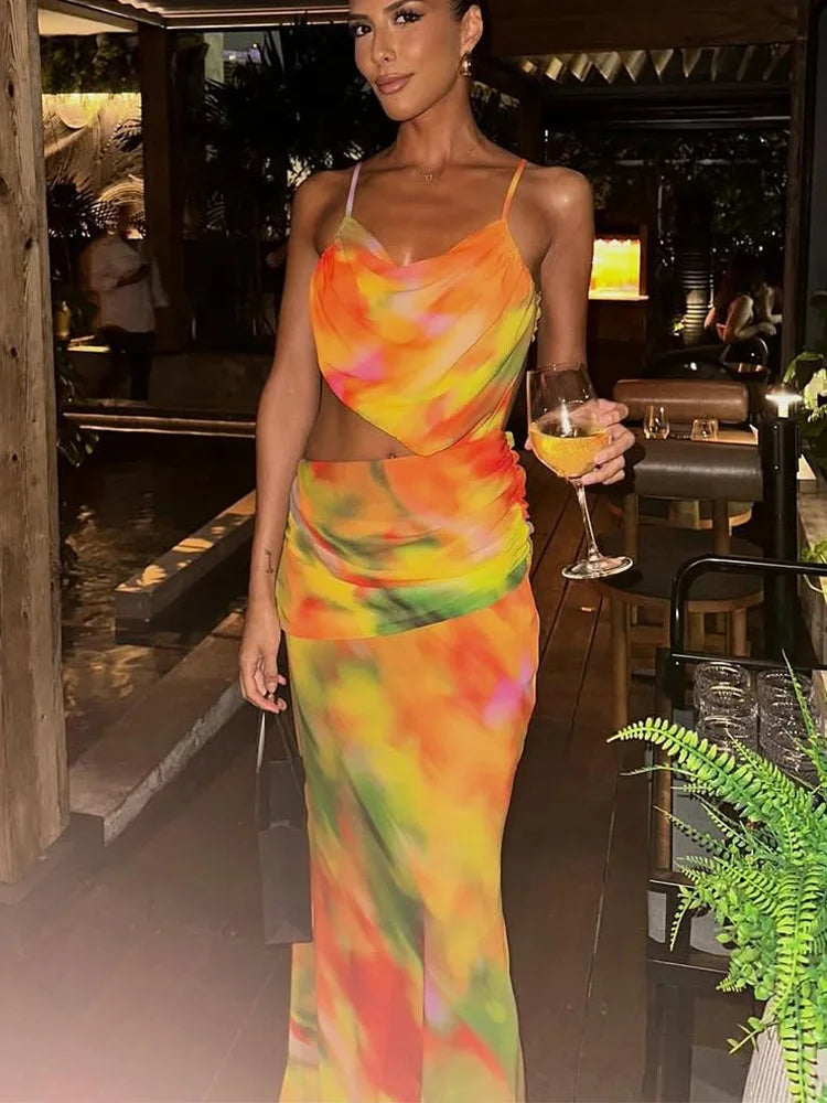 Skirts set - Sexy Wrap Around Cover Up Cut out Mesh Cover-ups Print Beach Long Dress Beathing Suit Beachwear Female Women Maxi Beach