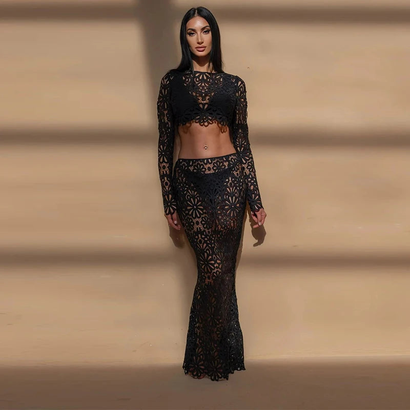 Matching Sets - Elegant See Through Crochet Top Women Set Hallow Out Flare Long Sleeve Top Slim Empire Hip Package Skirts 2025 Summer Lady Set