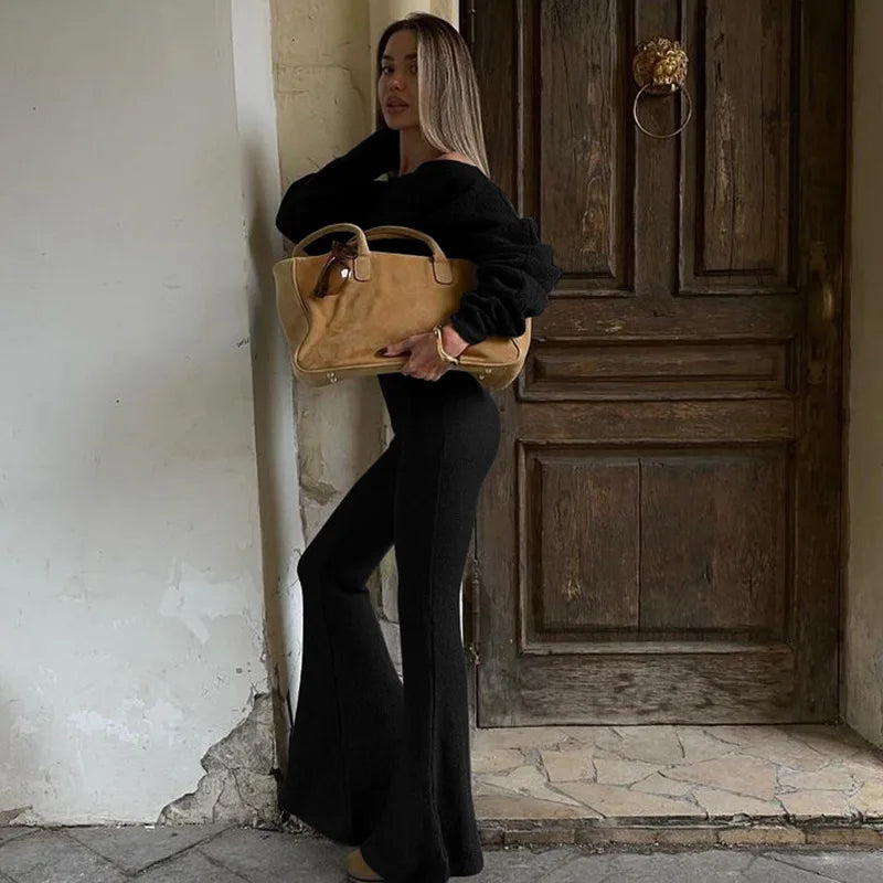 Elegant Fashion Outfits Two Piece Sets Asymmetrical Top and Flare Pant Casual Women Matching Sets Loungewear
