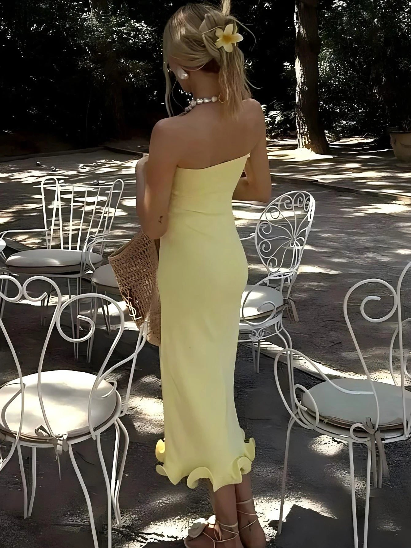 Tube Dresses - Sleeveless Ruffles Patchwork Strapless Bodycon Midi Dress Women'S Solid Sexy Outfit Party Clubwear For Autumn Winter