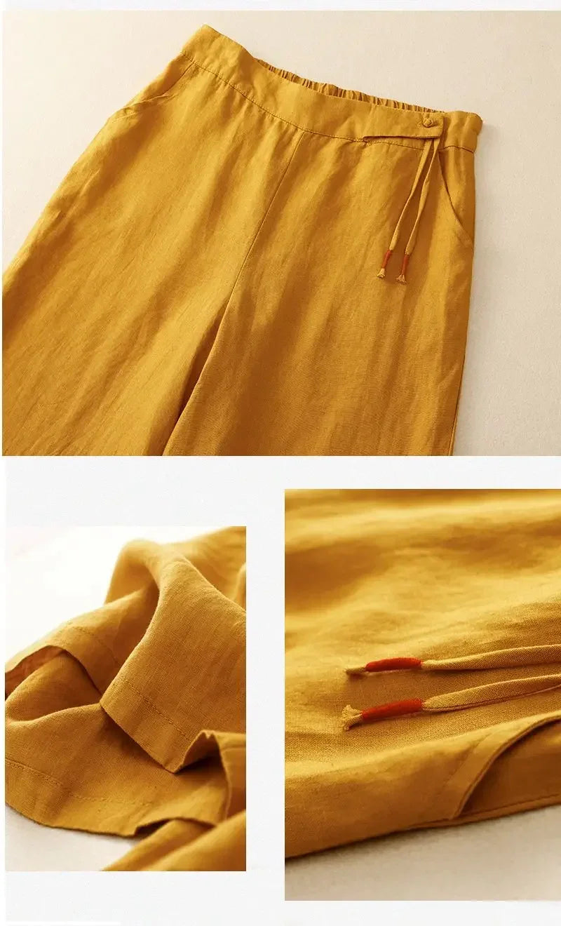 Pants - Summer Wide Leg Pants Women Elastic High Waist Cotton and Linen Casual Pants Loose Straight Yellow Women's Pants