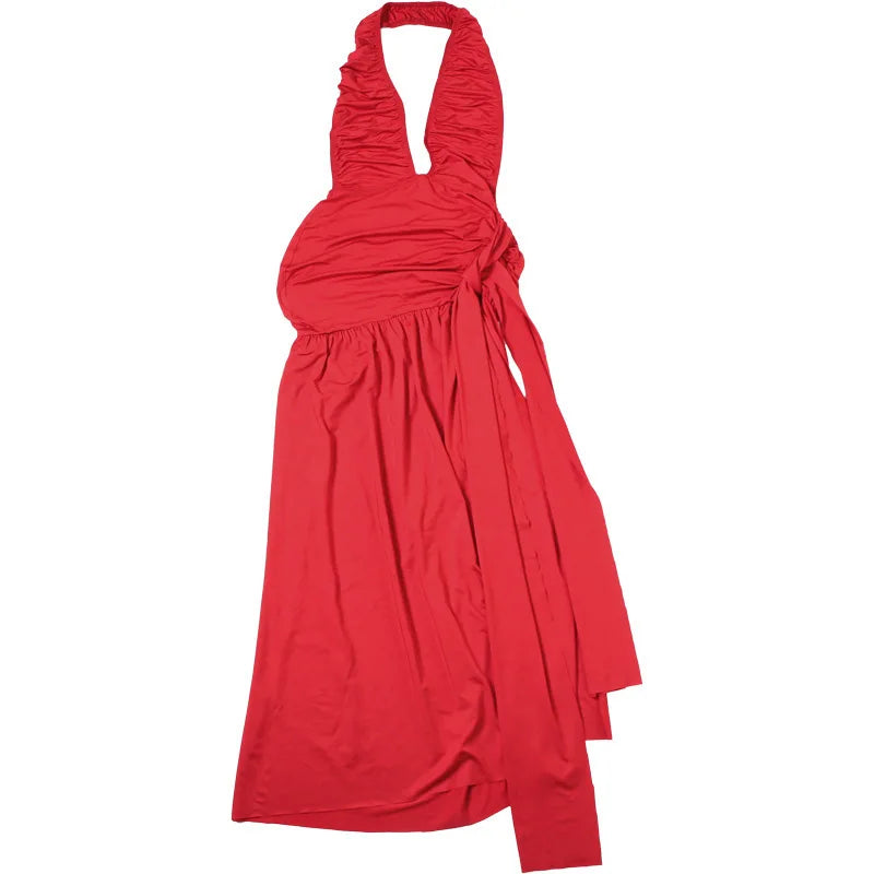 Plunging Dresses - Halter Deep V Neck Sexy Maxi Dress For Women Gown Fashion Solid Sleeveless Backless Draped Ruched Bodycon Long Dress