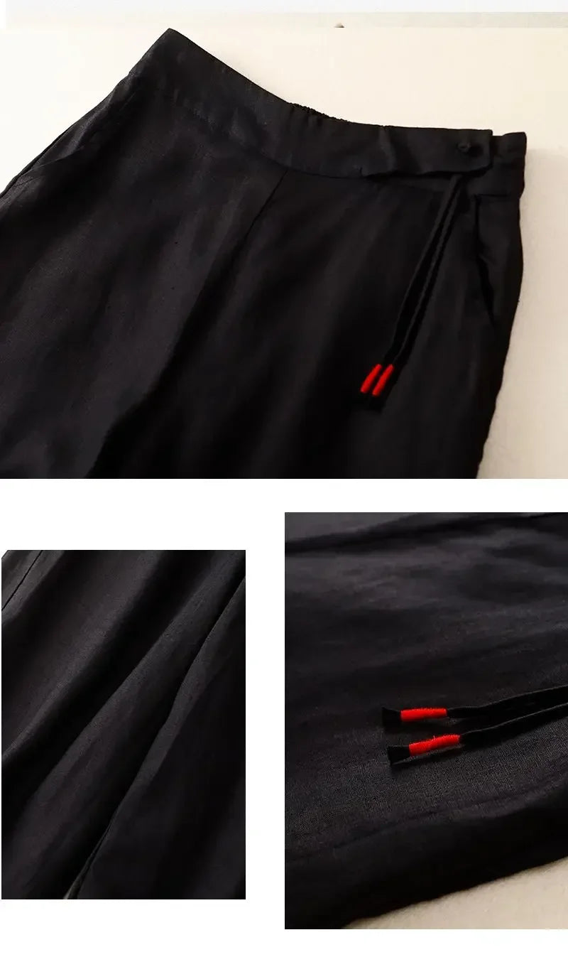 Pants - Summer Wide Leg Pants Women Elastic High Waist Cotton and Linen Casual Pants Loose Straight Yellow Women's Pants