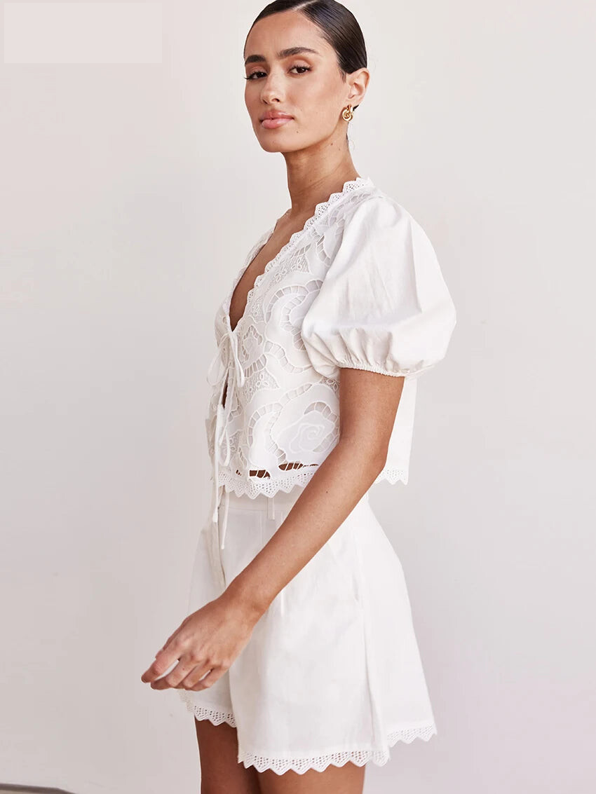 Matching Sets - Sexy Loose White Cotton 2 Piece Sets Women Outfit 2025 Summer Short Sleeve Shirt With High Waist Shorts Set Streetwear