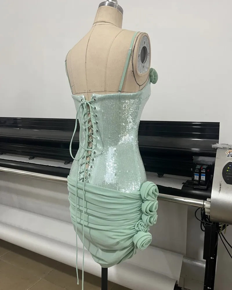 Elegant Dresses - Sexy Spaghetti Strap Backless Prom Dresses for Women Luxury 2025 Summer Sequins Flower Lace-up Pleated Mini Dress Elegant Gowns