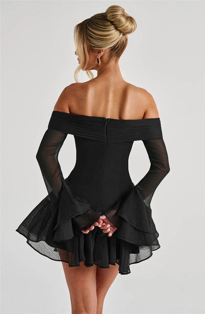 Party Dresses - Strapless Long Flare Sleeve Sexy Mini Dress For Women Robe Off-shoulder Backless High Waist A-line Club Party Dress