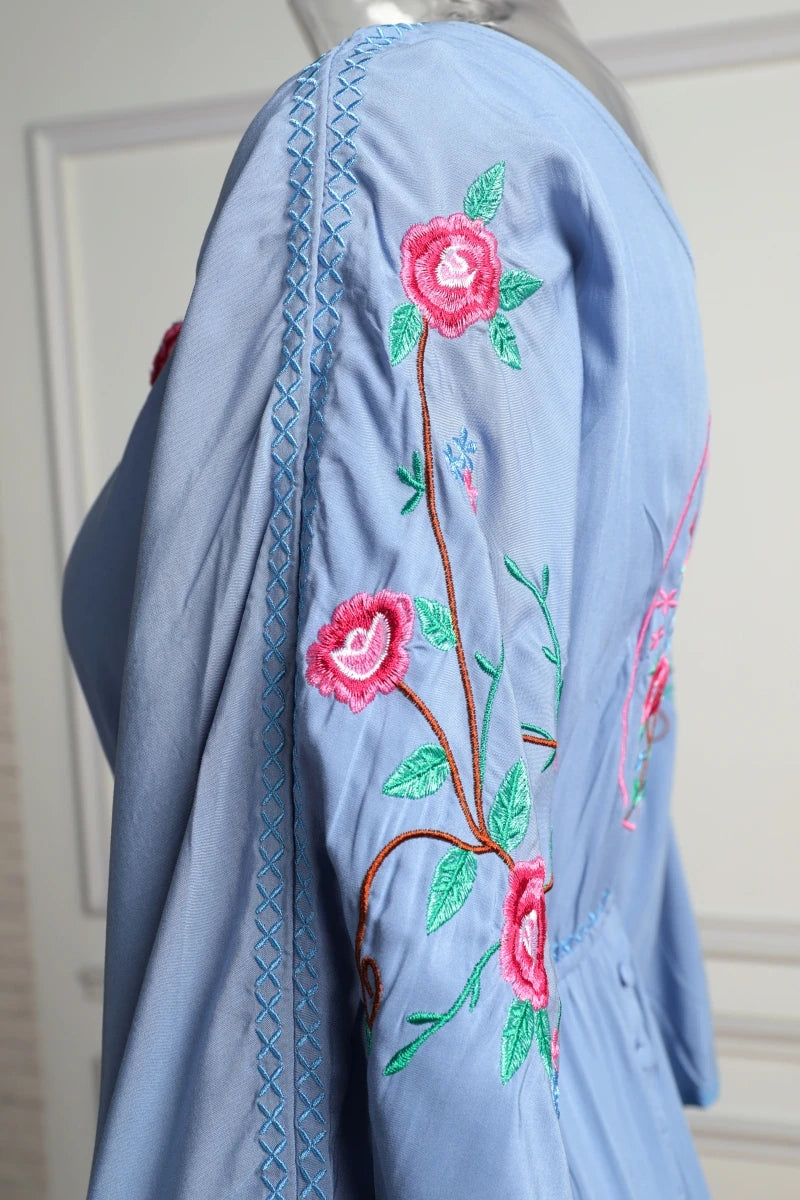 Kaftans - Jastie Embroidered Women Maxi Dress V-Neck Batwing Sleeve Loose Oversize Summer Dresses Drawstring Waist Boho Beach Vestidos