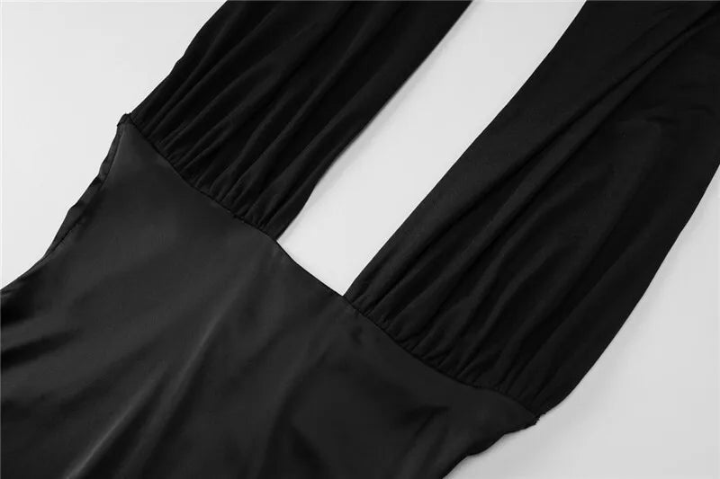 Elegant Dresses - Halter Backless Sexy Maxi Dress For Women Black Satin Hollow Out Sleeveless Strapless Bodycon Club Long Dress Elegant
