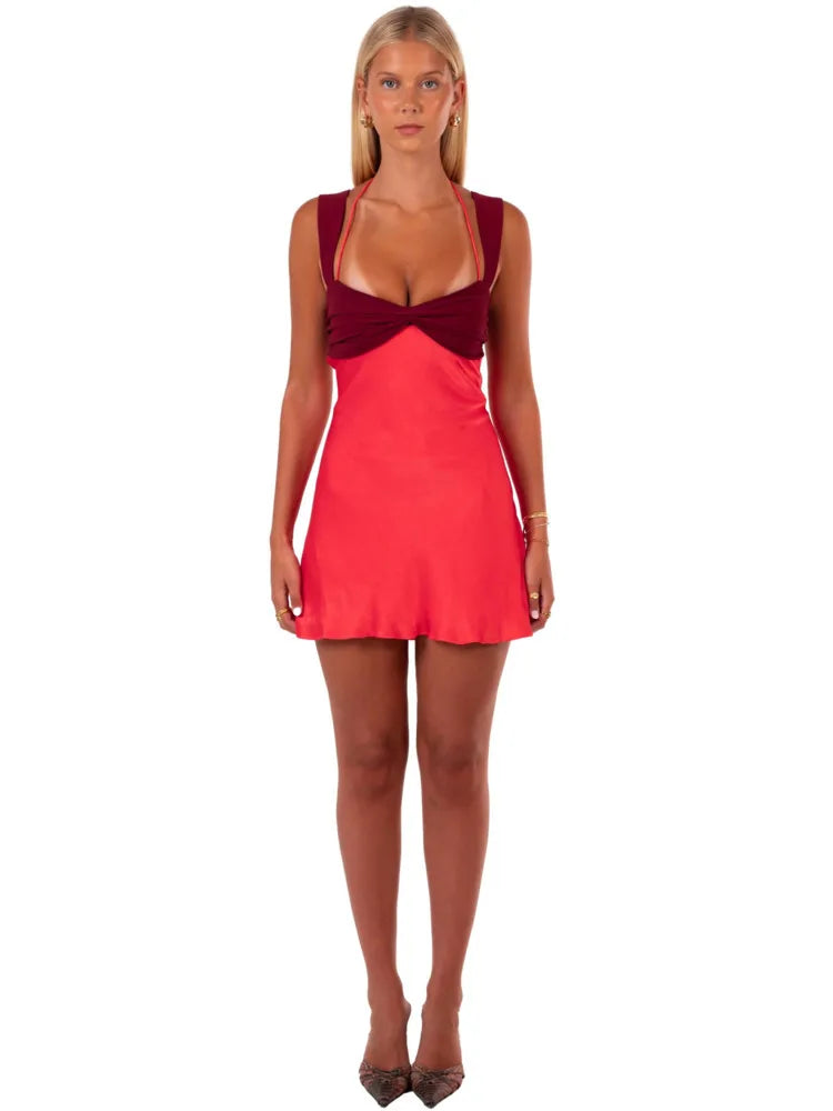 Mini Dresses - Patchwork Sleeveless Sexy Mini Dress For Women Robe Satin Strapless Backless Lace-up High Waist A-line Club Dress