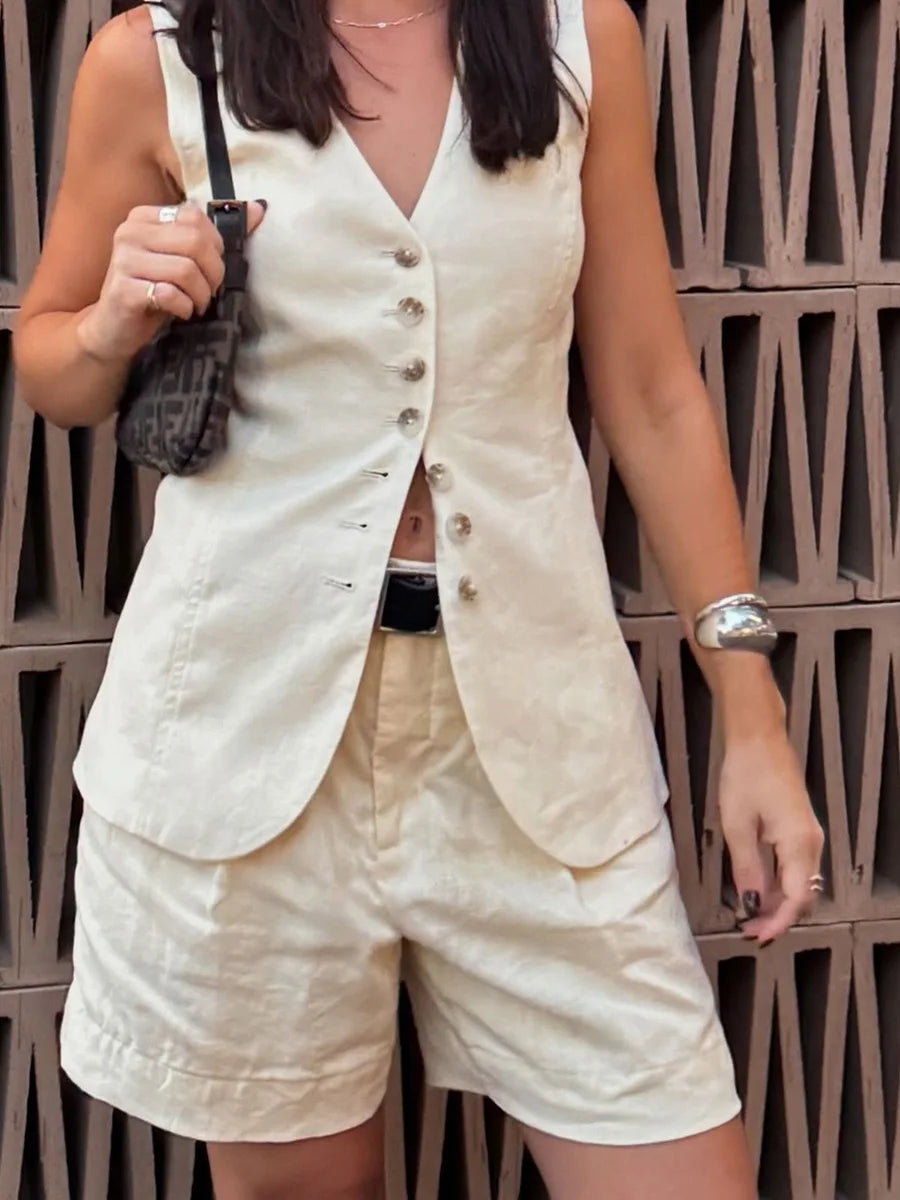 Shorts Sets - Cotton And linen Chic Casual Vest Shorts Set Women's Summer New Fashion Commuter Sleeveless Tank Top Shorts Suits