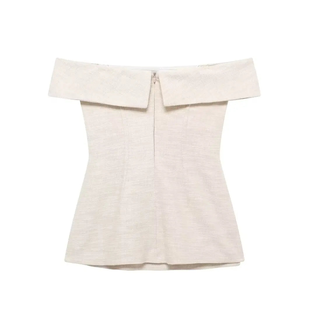 Pants Sets - Women Elegant Solid Slim Back Zipper Side Slit Crop Design Slash Neck Top+High-Waisted Zip-up Loose Long Pant 2 Piece Set