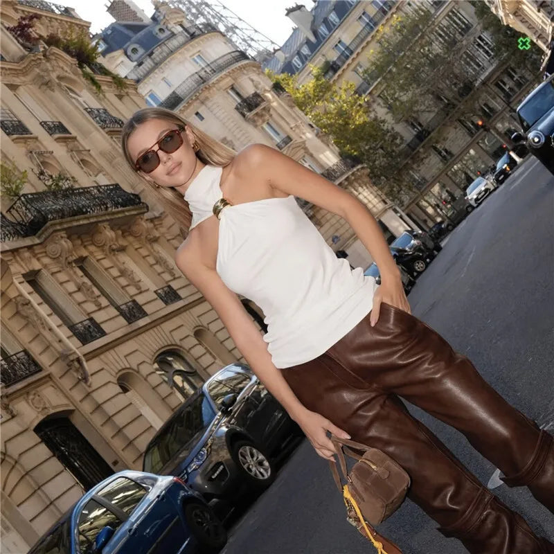 Halter Tops - Turtleneck Basic Knit Tank Tops Women Vest Pullovers Metal Ring Camisole Sleeveless Skinny Knitted Tops Y2K Cropped Top