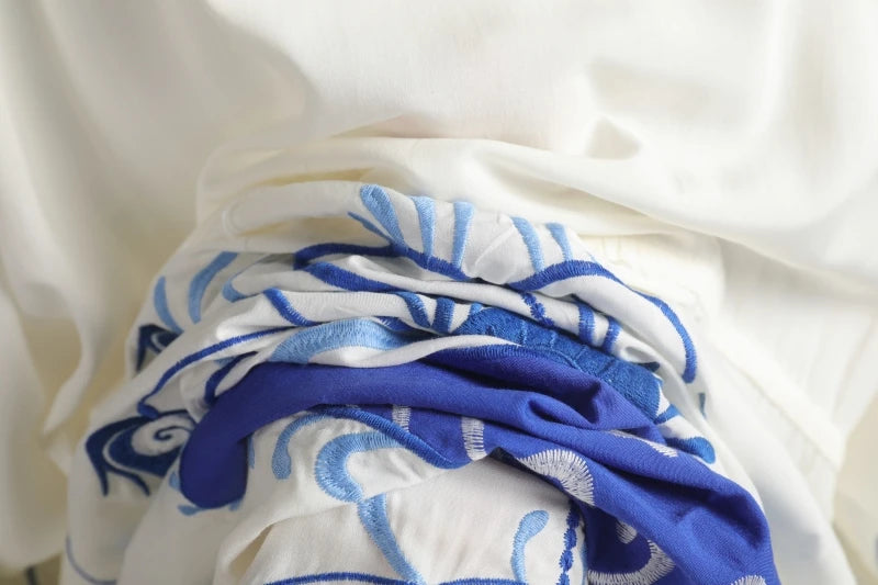 Kaftans - Jastie Embroidered Women Maxi Dress V-Neck Batwing Sleeve Loose Oversize Summer Dresses Drawstring Waist Boho Beach Vestidos