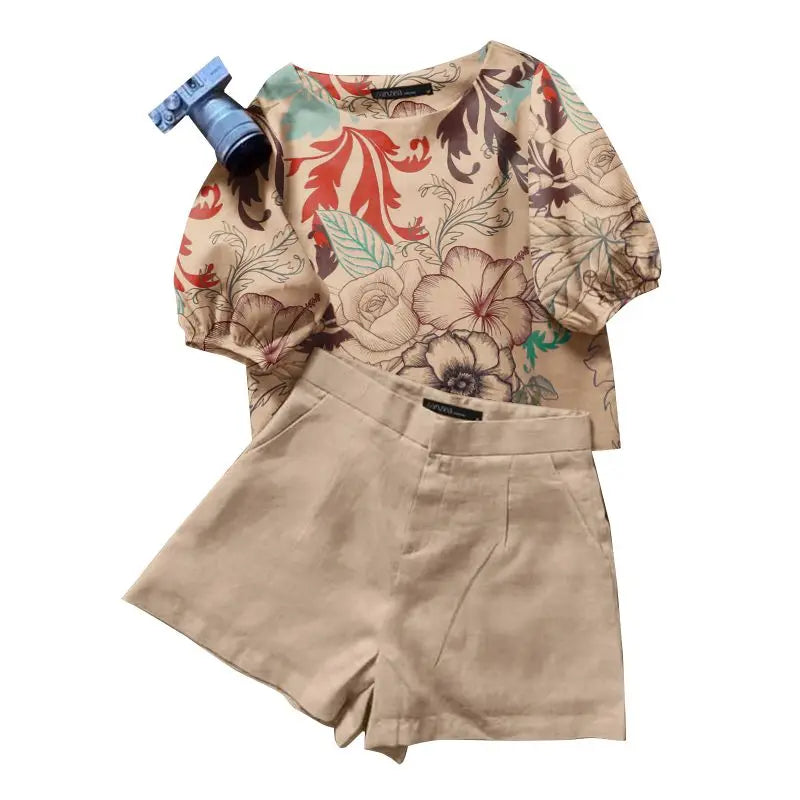Shorts Outfit Set - Summer Short Sets Women Outfits 2PCS Elegant Short Sleeve Floral Blouse Pant Suit Fashion Tracksuit Matching Sets