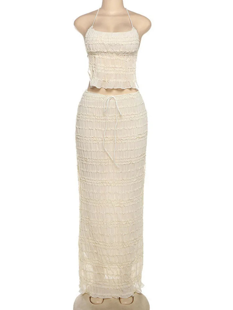 Matching Sets - Chiffon Lace Sexy Skirt Two Piece Sets Women Halter Crop Tops And Maxi Skirt Ladies Fashion Woman Long Dress Set