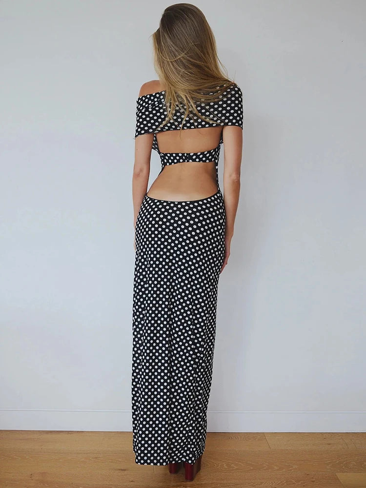 Halter Dresses - Off-shoulder Polka Dot Maxi Dress For Women Gown Fashion Halter Sleeveless Backless bodycon Split Long Dress Elegant