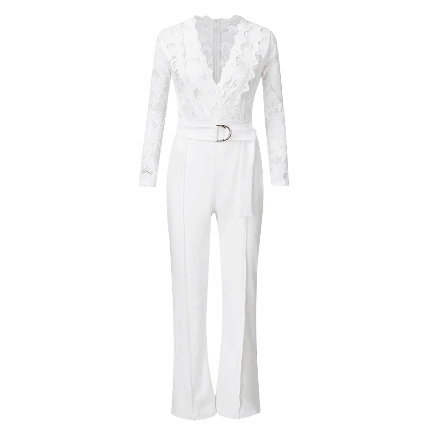 Elegant Jumpsuits - Sexy Lace V Neck Belted Jumpsuit Spring Summer Women'S Rompers Elegant Lady Wide Leg Overalls Fashion Casual White Playsuit 2024
