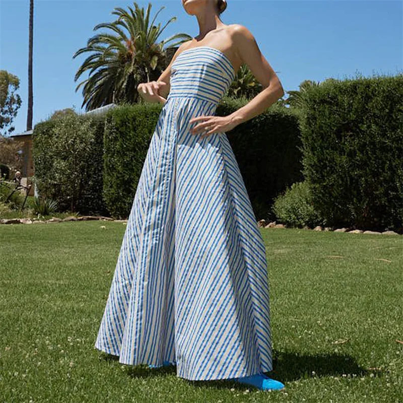 Strapless Dresses - Tube Dress for Women y2k Summer Striped Print Off Shoulder Strapless Sleeveless A Line Long Dress Beach Party Dresses