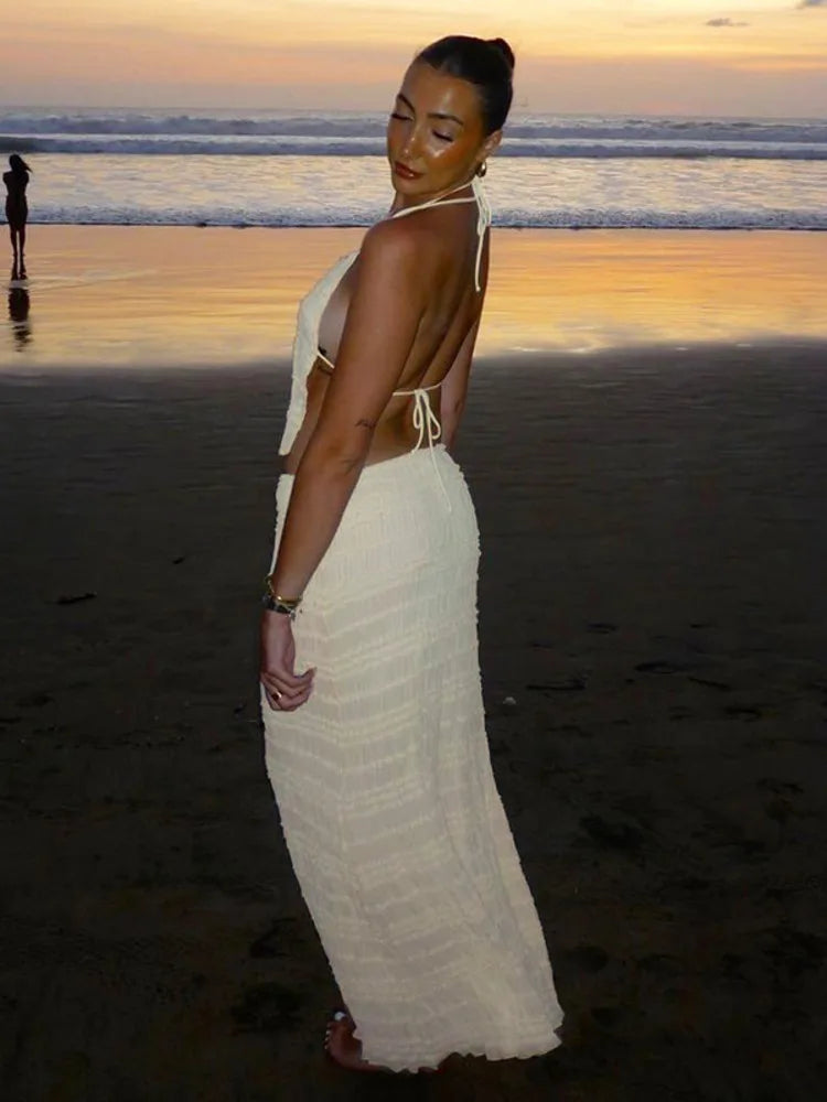 Matching Sets - Chiffon Lace Sexy Skirt Two Piece Sets Women Halter Crop Tops And Maxi Skirt Ladies Fashion Woman Long Dress Set