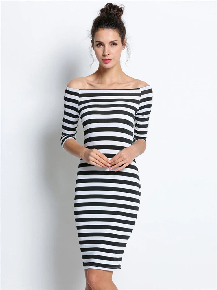 Bodycon dresses - Spring Summer Dresses Woman Size Dresses For Women Casual Stripe Print Off The Shoulder Half Long Sleeve Long Dress Robe Femme