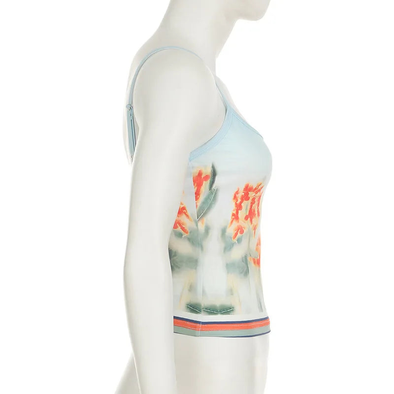 Skirt Sets - Print Floral Two Piece Sets Women Skirt Suit Spaghetti Strap Top Mini Skirt Sets Spring Slim Elegant Party Beachwear