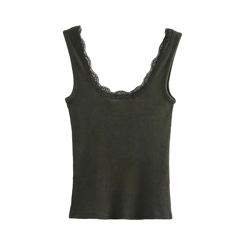 Knit Tops - Women Fashion Solid Lace Hem Knitted Vest Vintage Straps Square Collar Female Chic Lady Tank Tops