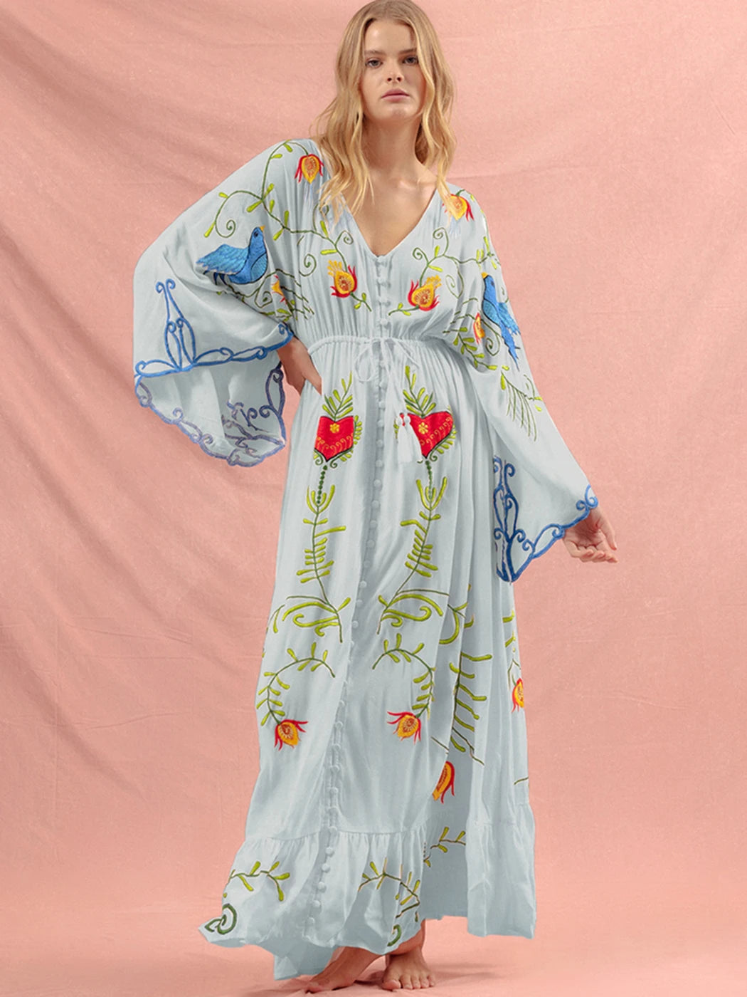 Kaftans - Jastie Embroidered Women Maxi Dress V-Neck Batwing Sleeve Loose Oversize Summer Dresses Drawstring Waist Boho Beach Vestidos