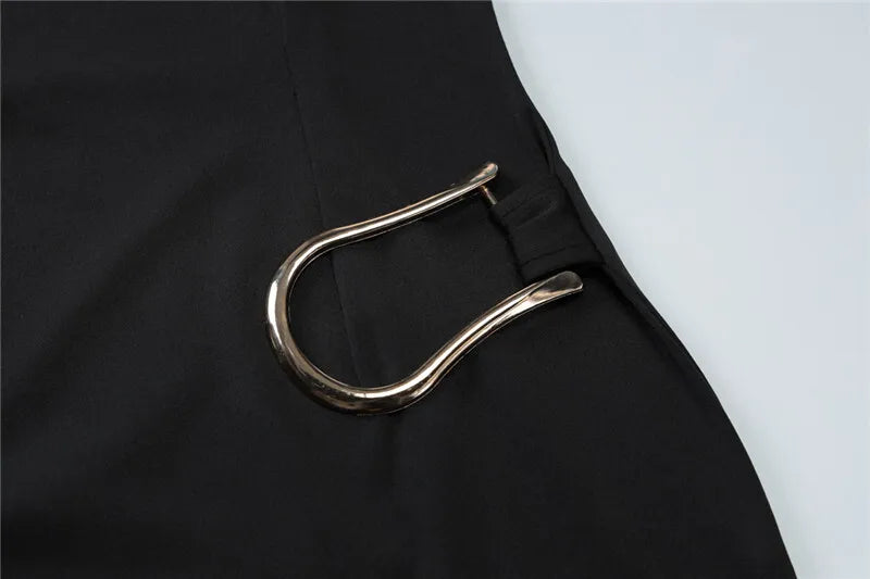Mini Dresses - Short Sleeve Draped Sexy Mini Dress For Women Black Metal Buckle O Neck High Waist Bodycon Club Dress Vestido Clothes