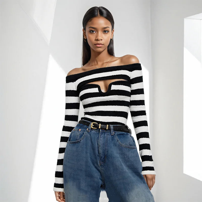 Off Shoulder Tops - Women's Fashion Striped Contrast Color Two-pieces Set Stretch Strapless Long Sleeve Knit Tops 2025 Spring New 33A2346