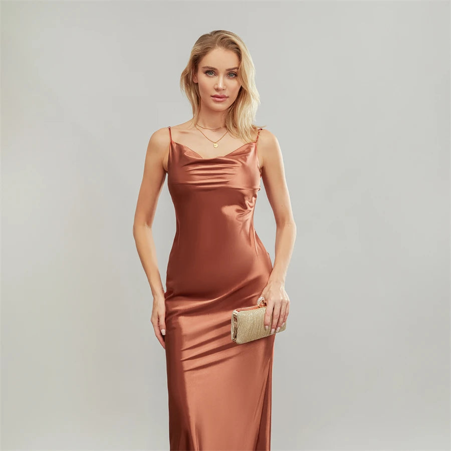 Satin Dresses - Backless Spaghetti Straps Party Long Dresses 2024 New Evening Gown Satin Vestidos Women's Cowl Neck Slip Wrap Dress