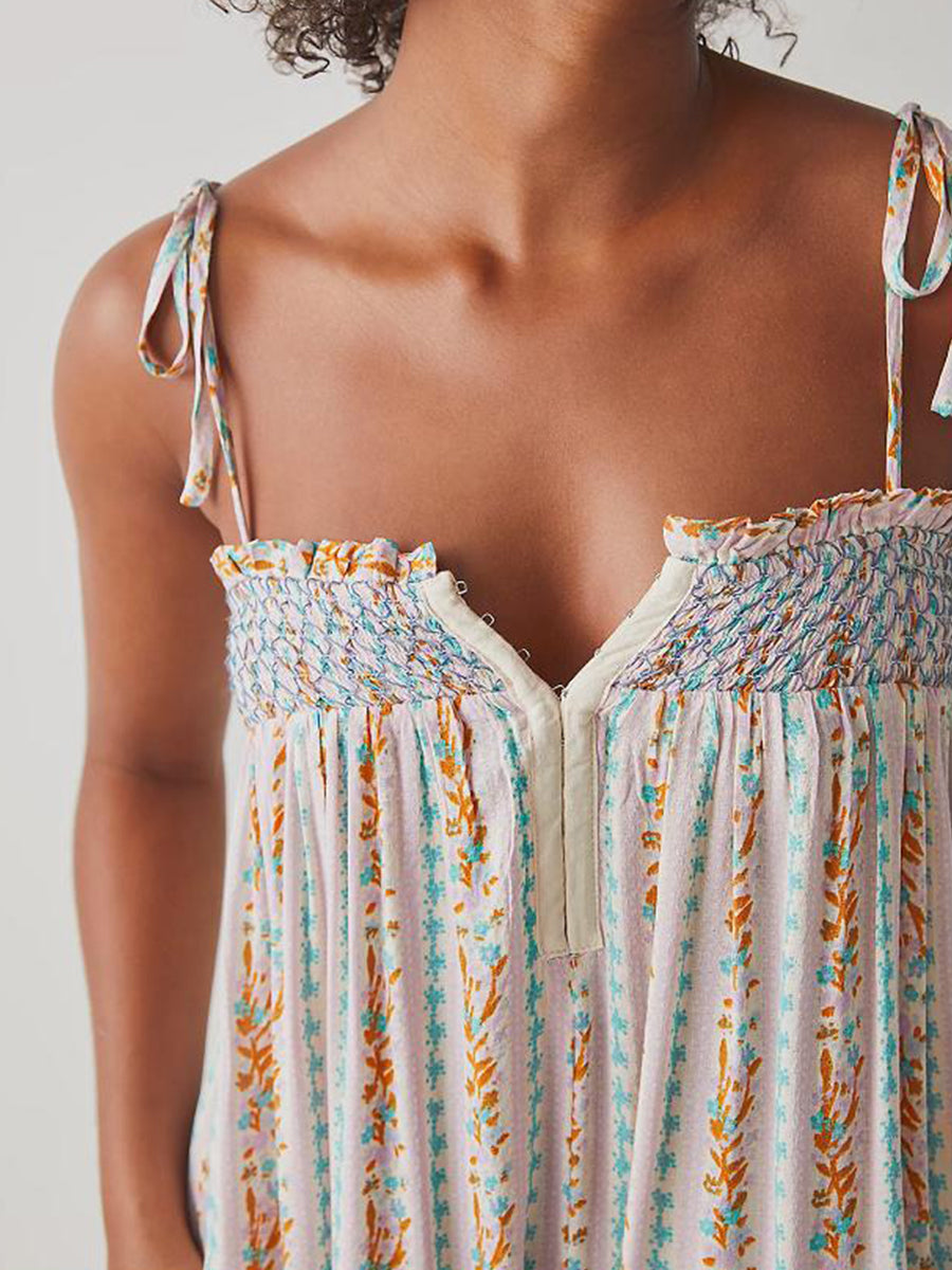 Jumpsuits - Women Summer Cami Jumpsuits Retro Floral Print Tie-Up Spaghetti Strap Sleeveless Long Rompers Fashion Loose Playsuits